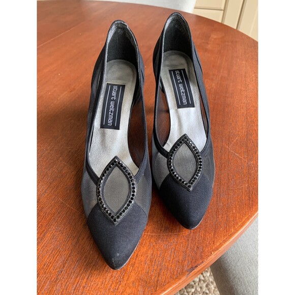 STUART WEITZMAN Vintage Black Satin Pumps Size 7B Beaded Detail Mesh Sheer - Picture 1 of 11